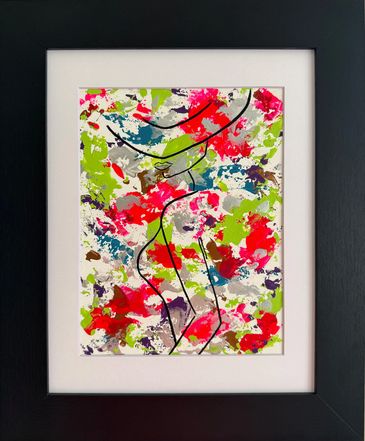 Framed acrylic; outline of lady peeking over shoulder over neon pink, green, purple, and metallics.
