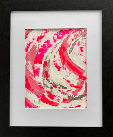 Framed acrylic abstract; wide curvy swishes of pinks and silver on a white background.