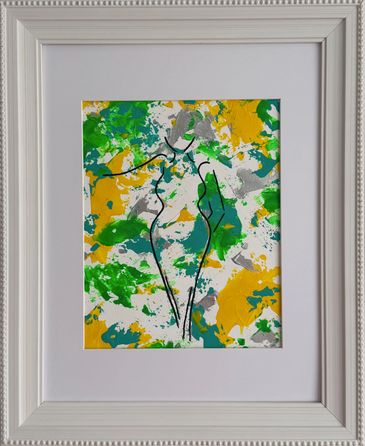 Framed acrylic abstract; outline of lady on yellow, blue, green, silver and white background.
