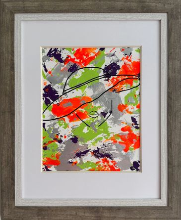A framed acrylic piece; a woman's head and hat outlined on bright orange, green, silver and purple.