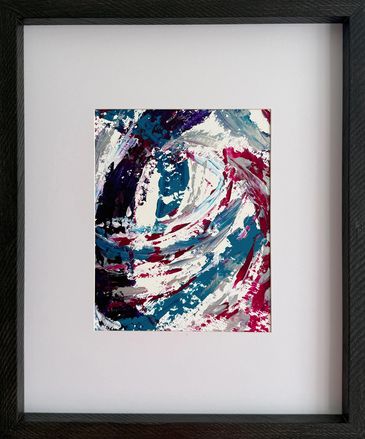Framed acrylic abstract; wide swishes of purple, magenta, turquoise and silver on white background.