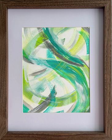 A framed acrylic abstract; soothing swishes of pale green and aqua with cool grey and silver.