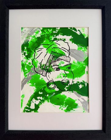 Framed acrylic abstract; outlined woman with head wrap on green, silver, and white background.