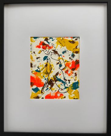 Framed acrylic abstract; outlined woman in swishy dress on yellow, blue, orange, white background.
