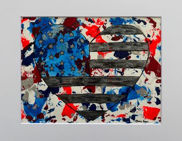 Matted acrylic abstract on paper; American flag design on heart with red, white and blue splashes.