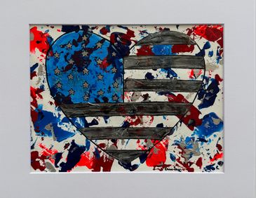 Matted acrylic abstract on paper; American flag design on heart with red, white and blue splashes.