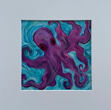Matted acrylic abstract on paper; purple octopus on swirly blue water.