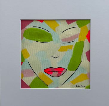 Matted acrylic abstract on paper; partial outline of woman's face over mostly pastel colors.