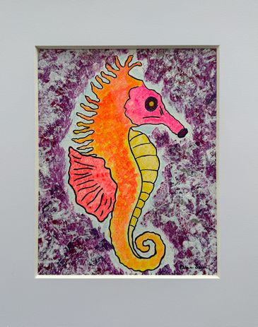 Matted acrylic abstract on paper; neon orange, pink and yellow seahorse on purple background.