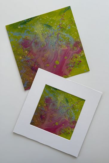 Two prints of the same artwork; an abstract acrylic of swirling dark pink against bright chartreuse.