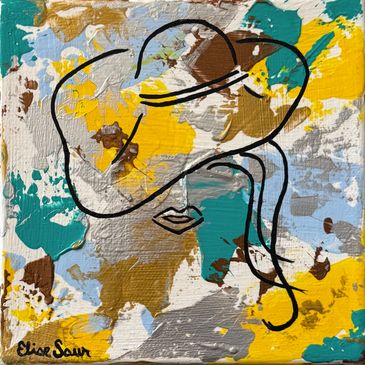 An abstract painting; partial outline of woman in a wide brim hat on yellows, blues and metallics.