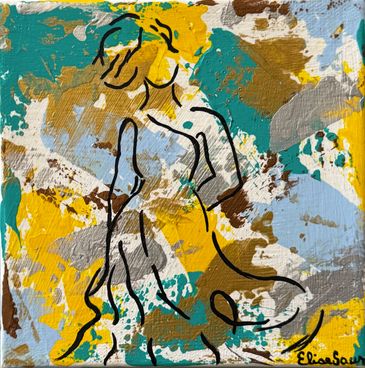 An abstract painting of an outlined woman in a swishy dress against a yellow and blue background.