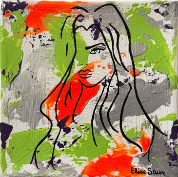 An acrylic abstract; partial woman's face on neon orange, green, purple and silver background.