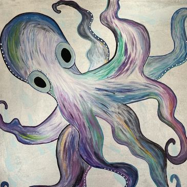 An abstract acrylic painting of a white octopus with colors such as purple, blue, green and yellow.