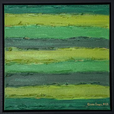 A mixed media abstract painting of messy and heavily textured horizontal lines of lush green hues.