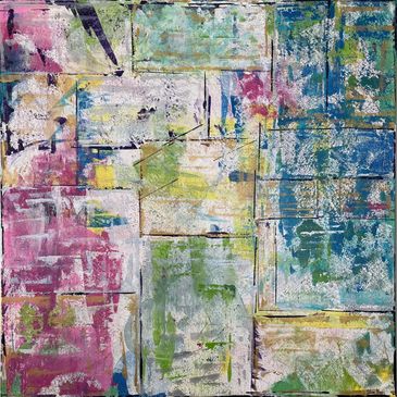 An abstract painting of pinks, greens, blues, etc, sectioned off in messy squares and rectangles.