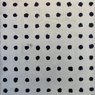 An abstract painting; white background with sloppy (mostly) black blotches in a grid formation.
