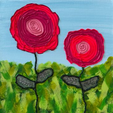 A mixed media painting of heavily texturized pink flowers in green grass with a blue sky.