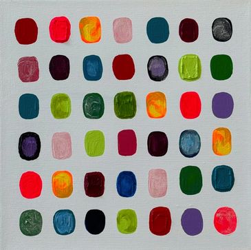 A mixed media painting with bright oval shaped colors in a grid on a white background.