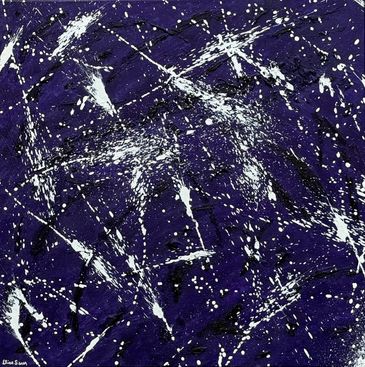 An abstract acrylic painting of dark purple hues with bright white sprays of color streaking across.