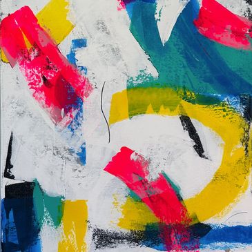 An abstract painting; thick neon pink, blue, yellow, etc with hand-drawn marks on white background.