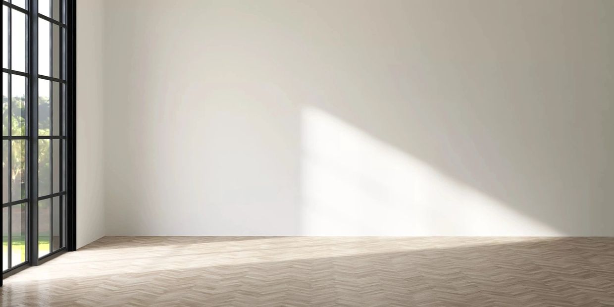 Empty room with large windows and sunlight casting shadows on the wooden floor.