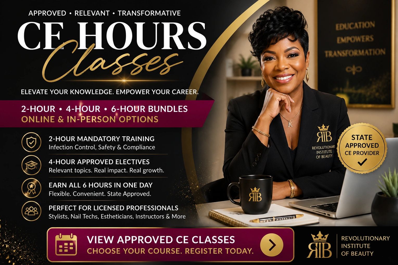 Professional woman promotes CE hours classes for beauty industry.