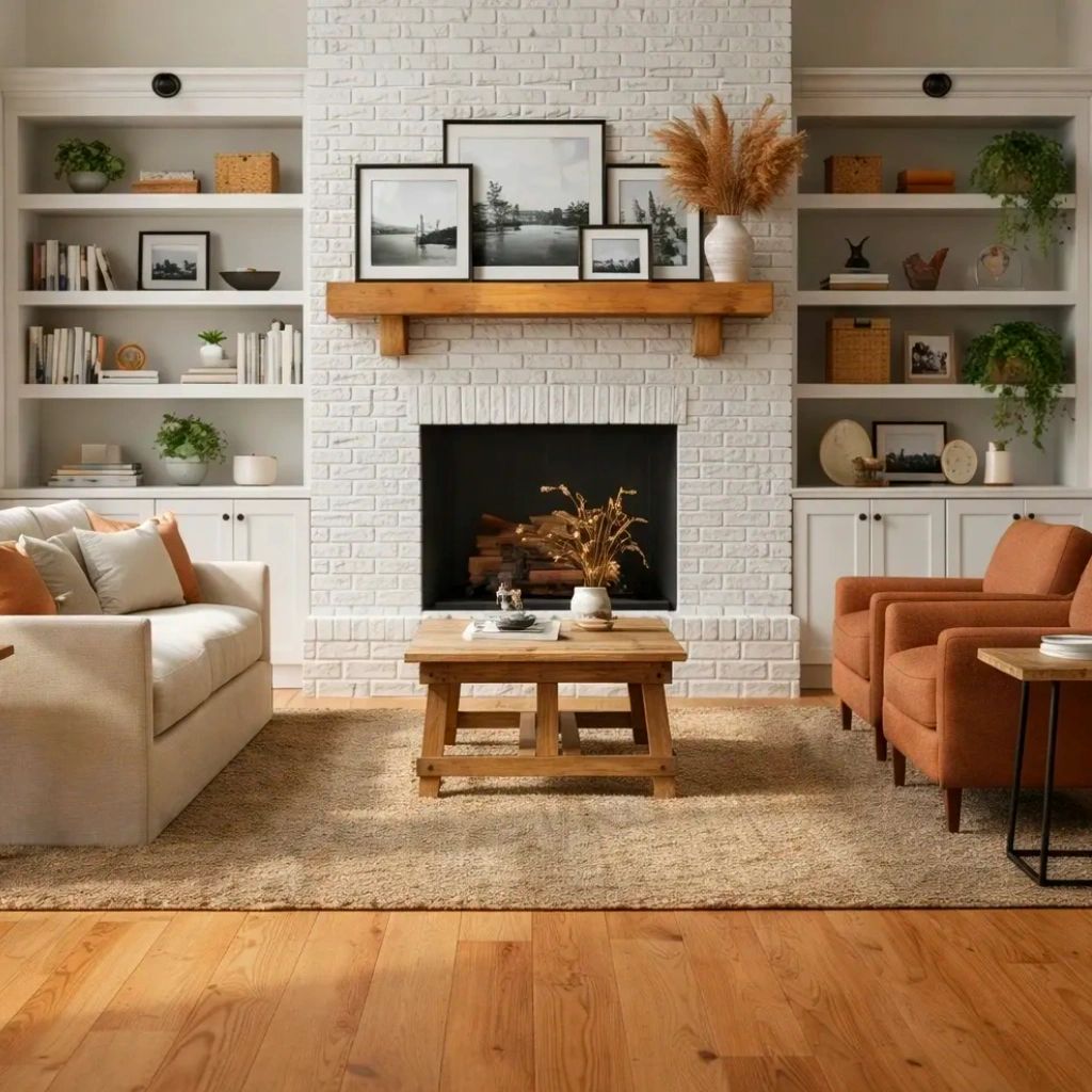 Renovated living room with new hardwood floor, shelving, storage, and a brick fireplace with mantle