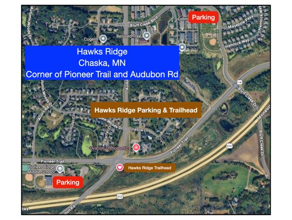 Map showing Hawks Ridge in Chaska, MN with parking and trailhead locations.
