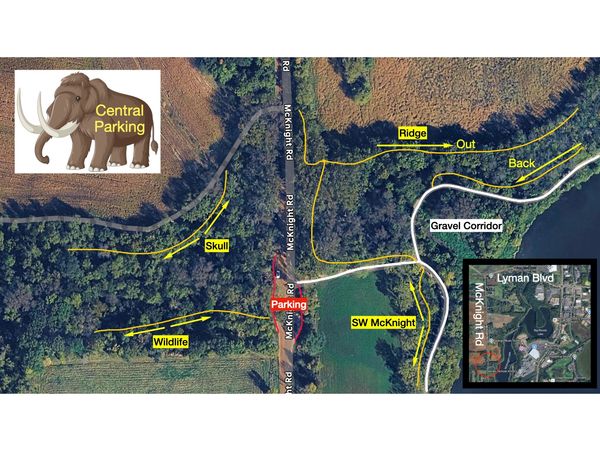 Map of Central Parking and nearby trails at SW McKnight with labeled landmarks and routes.