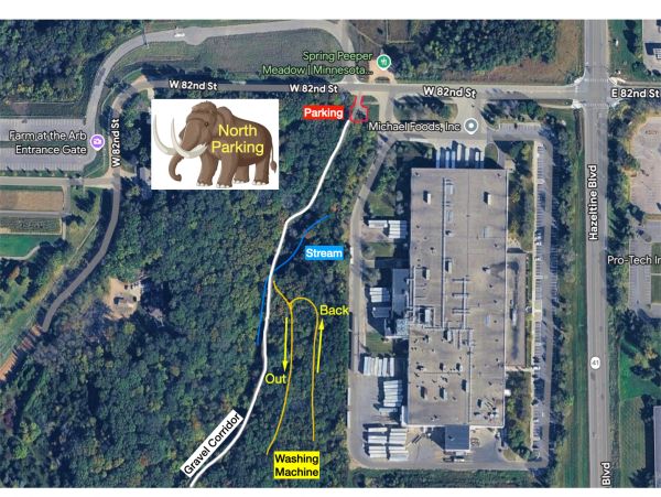 Aerial map showing North Parking, gravel corridor, and washing machine location.