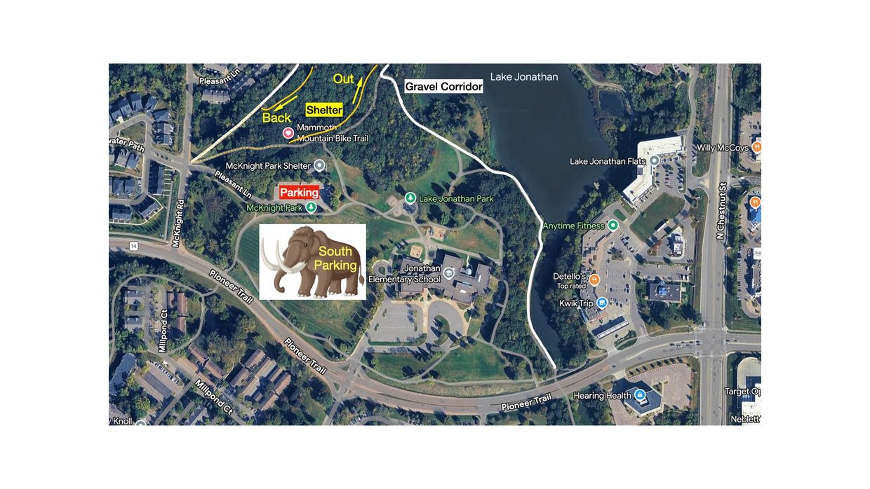 Map showing parking, trails, and landmarks around Lake Jonathan Park and Jonathan Elementary School.