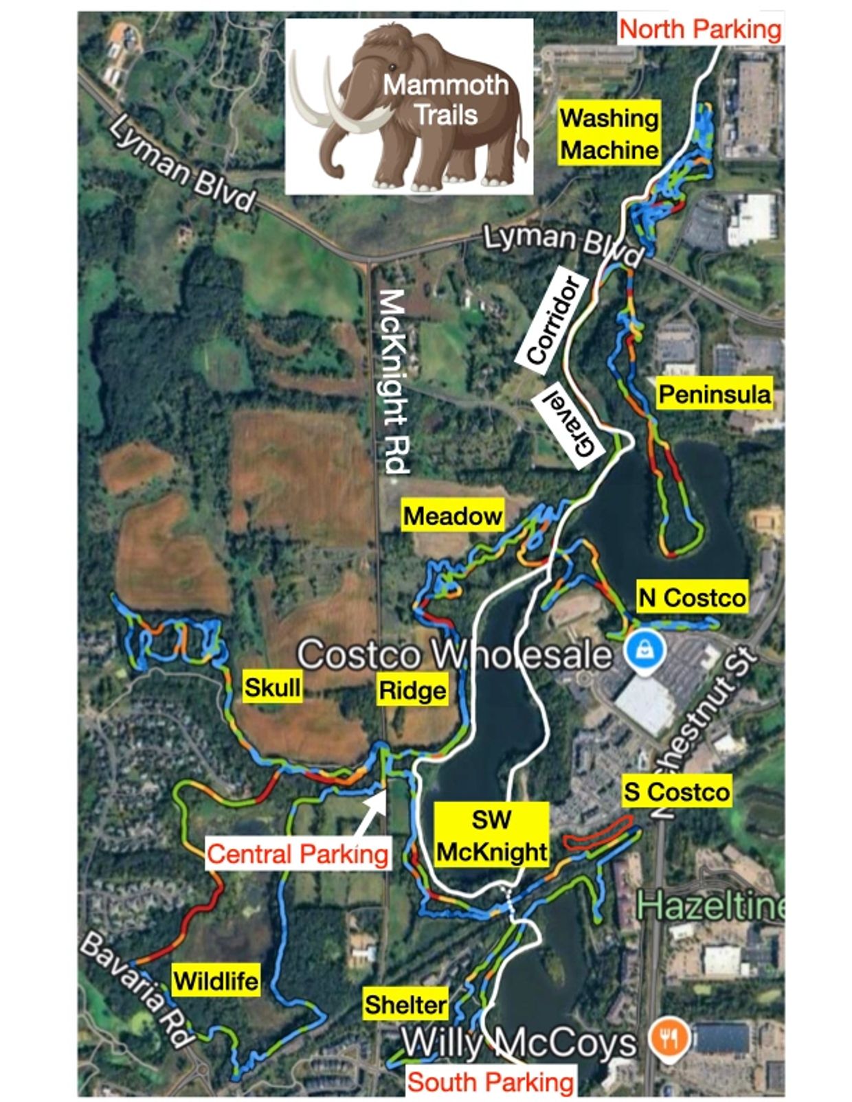 Map of Mammoth Trails with labeled trail sections and parking areas.