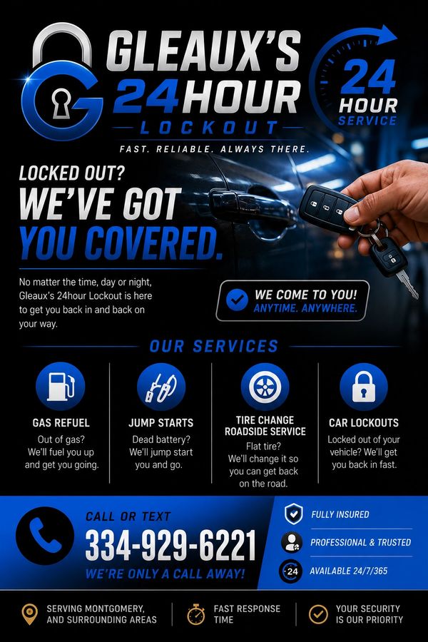 Advertisement for Gleaux's 24 Hour Lockout services with contact details.