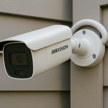 A white Hikvision security camera mounted on a beige wall.