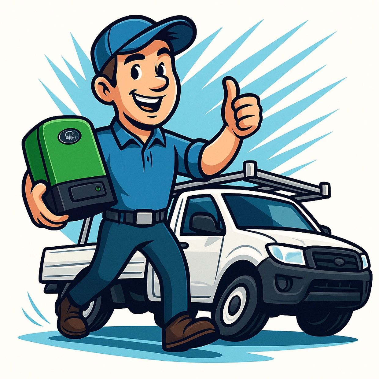 Cartoon technician giving thumbs up, carrying equipment, with a white service truck in the background.