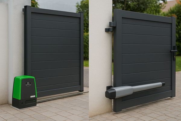 A modern black automatic gate with green and gray motor mechanisms.