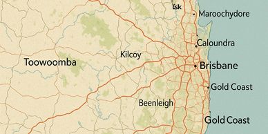 Map showing eastern Australia with cities like Brisbane, Gold Coast, and Sunshine Coast.