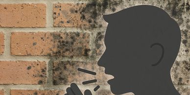 Silhouette of a person coughing on a moldy brick wall.