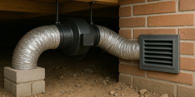 Flexible ducting and ventilation system under a wooden floor.