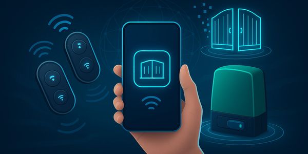 Hand holding smartphone controlling a smart gate system remotely.
