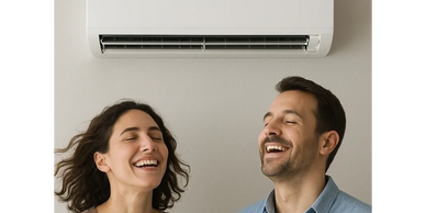 Happy couple enjoying cool air from a wall-mounted air conditioner.