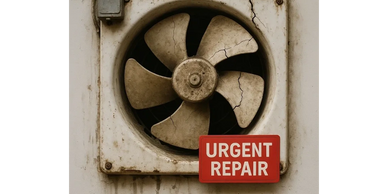 Old, cracked ventilation fan with an urgent repair sign.