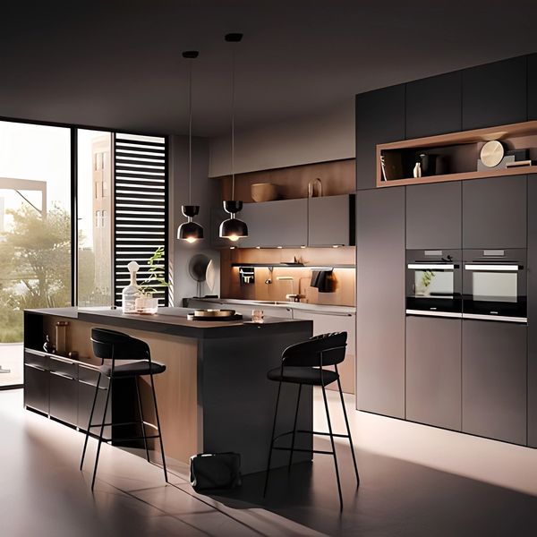 Luxury modern kitchen with dark cabinetry, central island, bar stools, and large window.