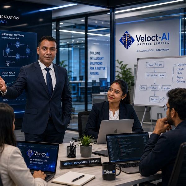 Business meeting at Veloct-AI with a presenter and attentive colleagues.