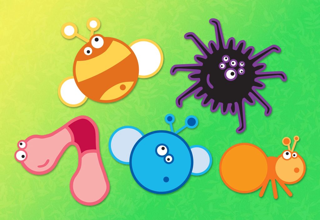 Cartoon illustrated insects in bright colours - bee, spider, worm, fly and ant.