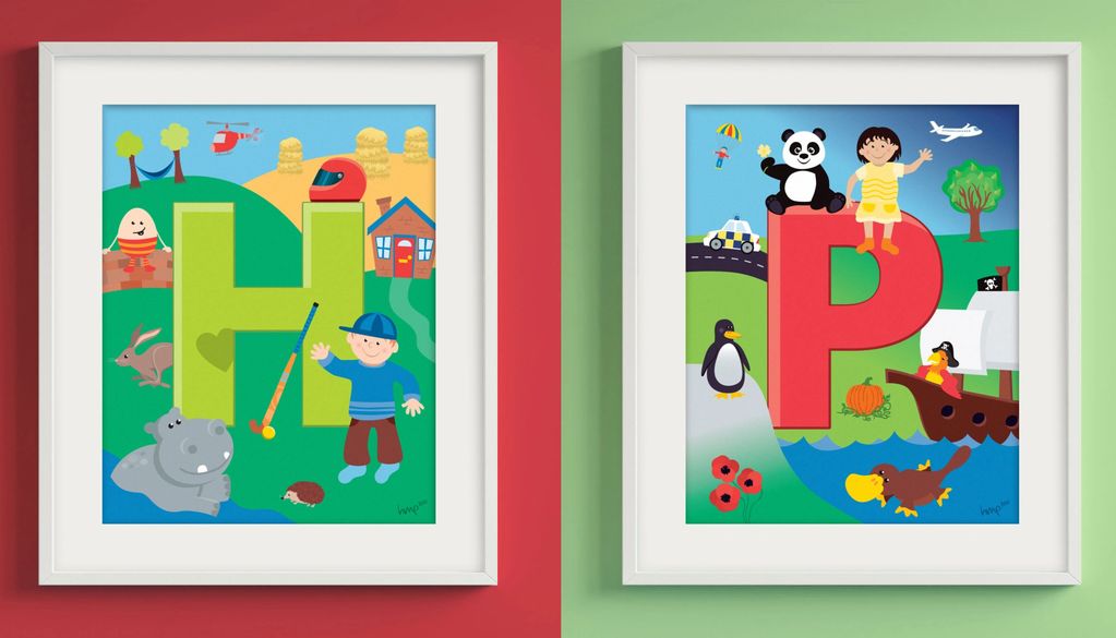 A poster with the letter H and P and lots of illustrations of things beginning with those letters