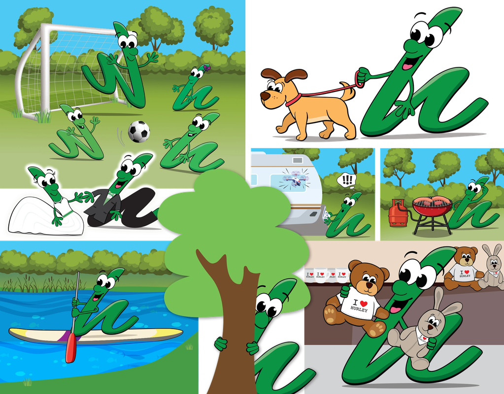 Images of a green character in the shape of the letter h doing various activities.