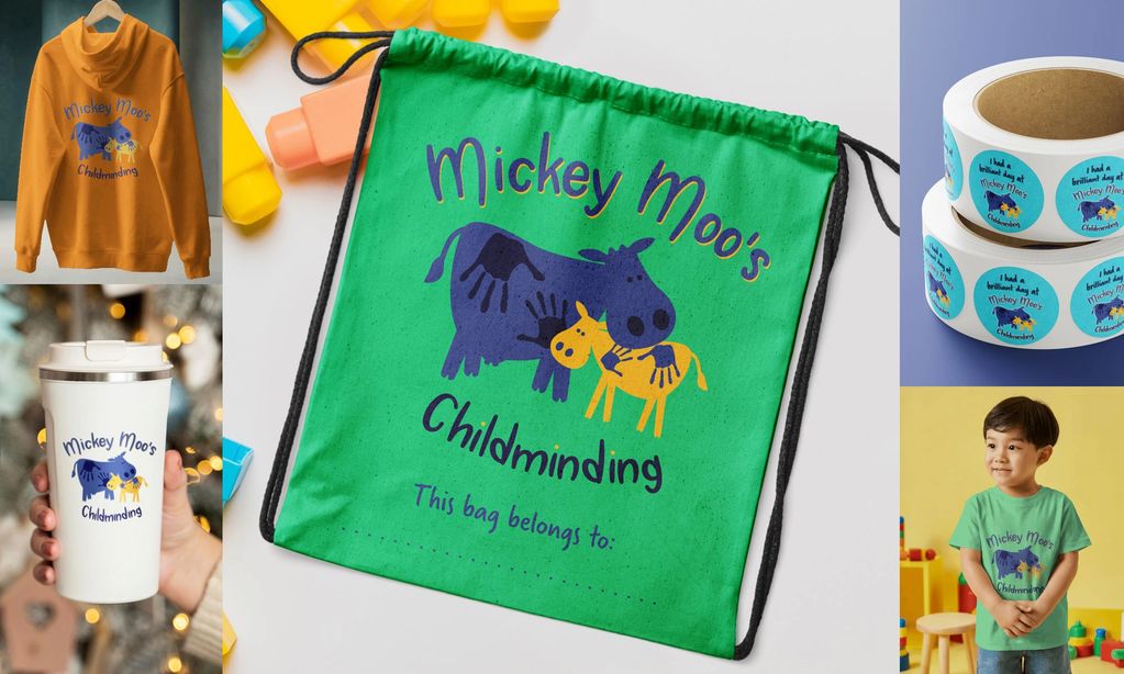 Logo design for Mickey Moo's Childminding, shown on hoodie, travel mug, stickers, t-shirt and bag.