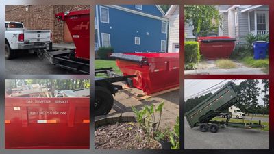 Various red dumpsters in residential and outdoor settings for rent.